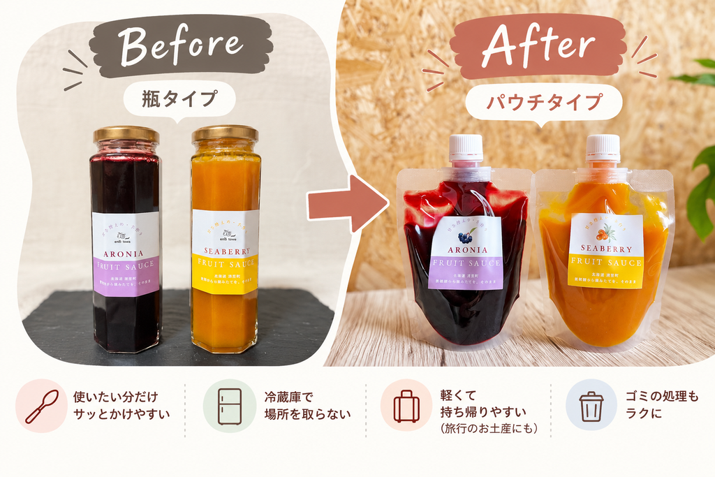 瓶からパウチへ。フルーツソースの容器が変わりました。